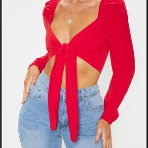 NWT Pretty Little Thing Red Tie-Front Long Sleeve Top